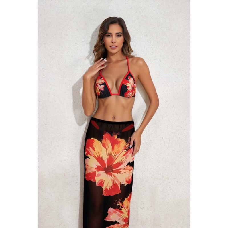 2026 Europäisches & Amerikanisches Bedrucktes Rückenfreies Bikini-Set mit Langem Gaze-Rock - Sexy Dreiteiliger Badeanzug