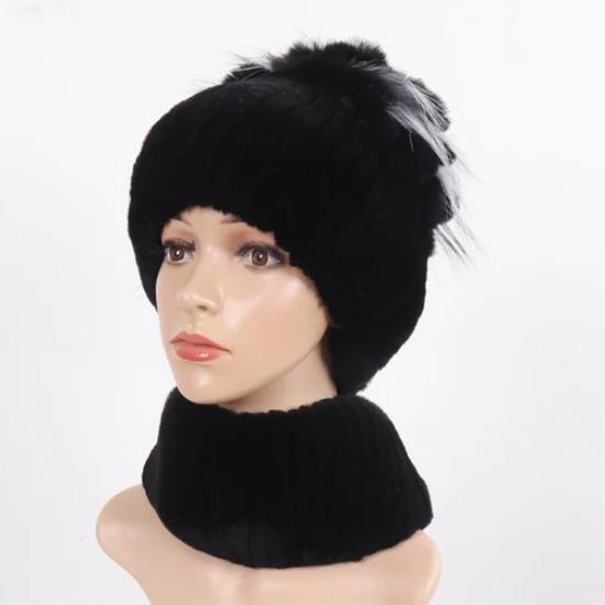 Knitted Women Warm Rex Rabbit Fur Hat Scarf Sets Winter Natural Rex Rabbit Fur Cap Scarves Russia Lady Fur Hats Muffler 2 Pieces