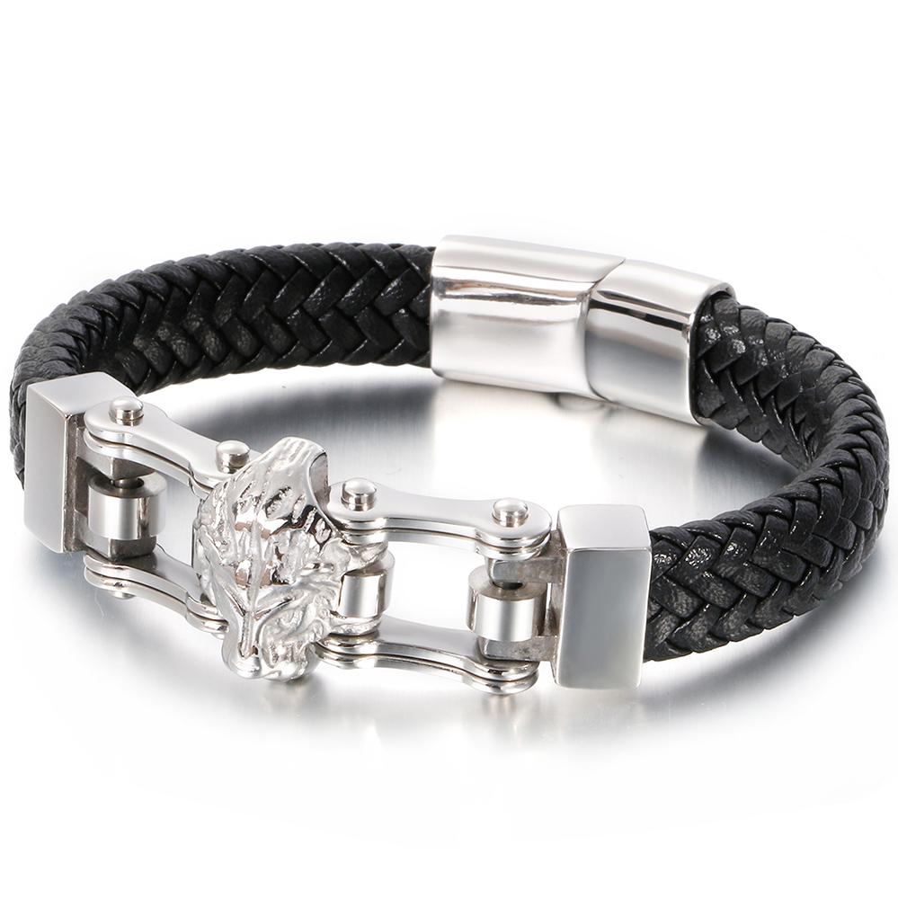 Punk Goth Lion Head Men's Bracelets & Bangles Braided Genuine Leather Man Bracelet Gold Color Stainless Steel Bike Chain Jewelry