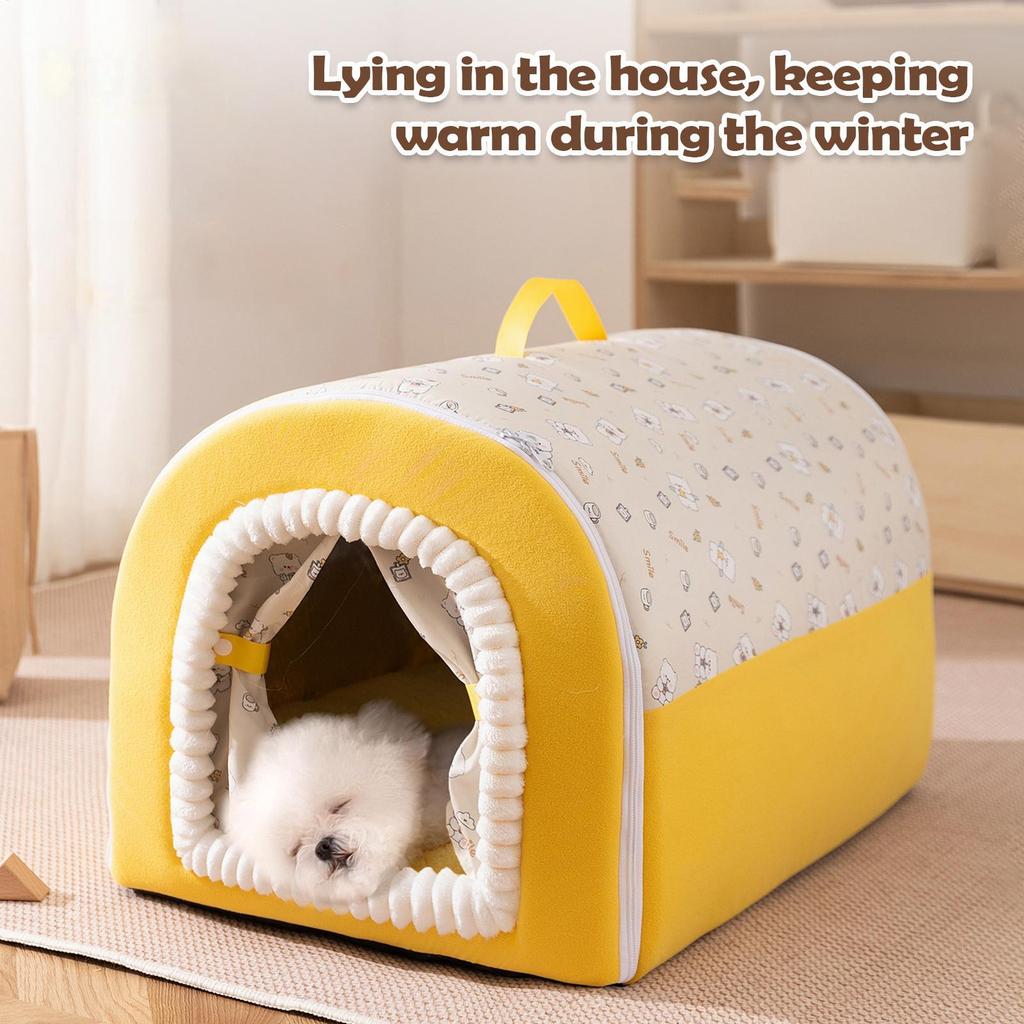 Soft Plush Cotton Washable Cat House Bed Winter Warm Pets Puppy Bed With Door Curtain Indoor Cat Cave Winter Dog Sleeping Bed
