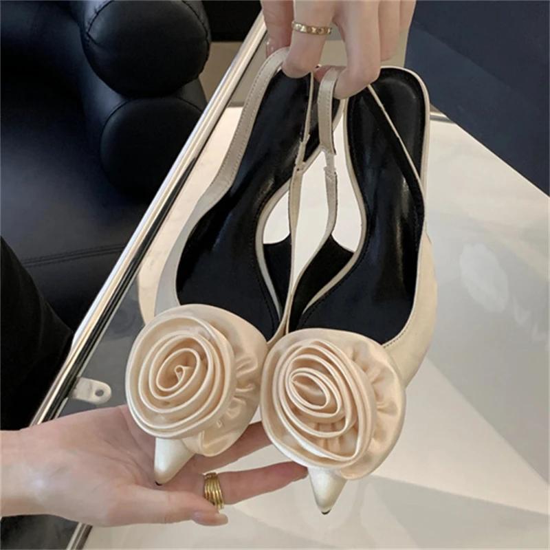 Fashion Eilyken Satin Slingback Women Pumps Sexy Design Flowers Pointed Toe Thin High Heels Banquet Wedding Mule Ladies Shoes