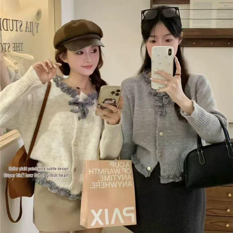 Koreański Szyk Kardiagn z Dzianiny z Falbankami i Kokardą - Damski Jesienny Wzór