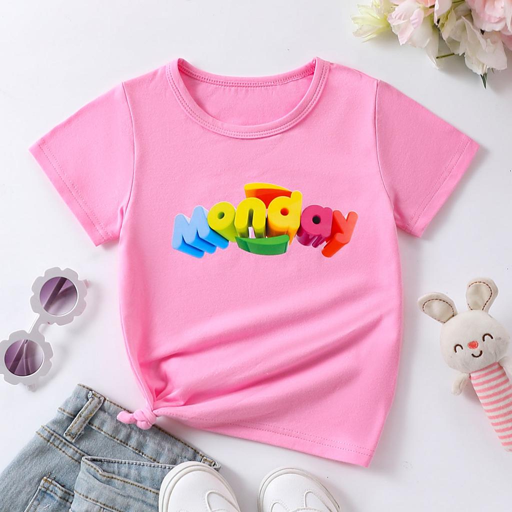 1-10 Years Old Girls Days Of Week Cotton Tees Week Calendar Graphic Print Casual & Trendy T-shirts For Spring & Summer