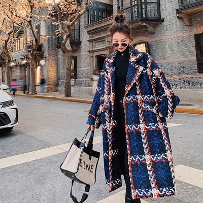Plaid Tempérament Col de Costume Ample Droit Mi-long Manteau Tweed Rugueux Femmes
