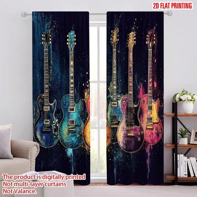 Light Filtering Flat Printing Spring Summer Curtains Guitar Polyester Woven All Seasons Ldeal Bedroom Office Curtain Set Of 2 Made Washable Ready