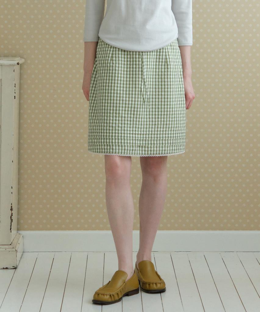 TTUDEMENT Gingham Check Midi Skirt_Olive