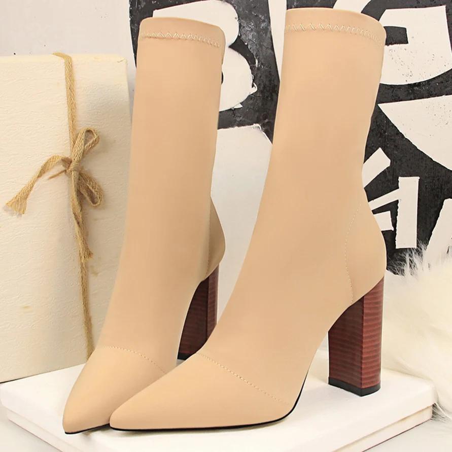 

Women 10cm High Heels Silk Sock Boots Green Square Block Heels Ankle Boots Lady Spring Autumn Pointed Toe Satin Sexy Party Shoes 43 абрикосовий