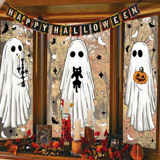 6 Sheets Halloween Large Ghosts Window Clings Spooky Bat Black Cat Pumpkin Stickers Double Sided PVC Decals for Home Party Store Glass Decoration