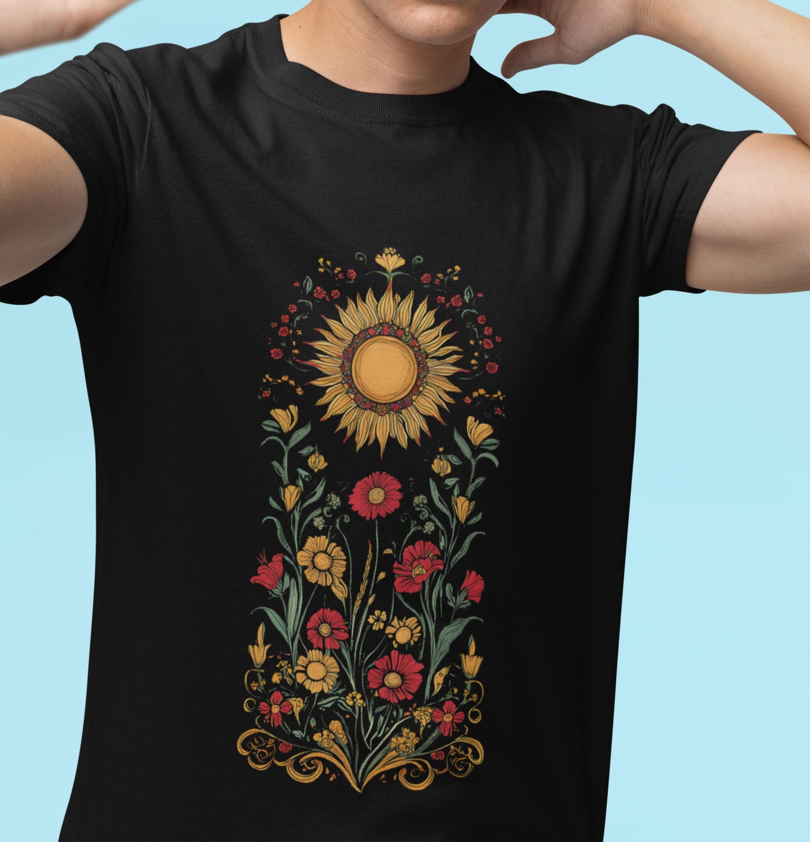 Boho Floral T-Shirt: Art Nouveau Wildflower Design 2XL