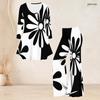 Women Plus Size Two Piece Set V Neck Three Quarter Sleeve Black White Printed Flared Top And Flared Pants