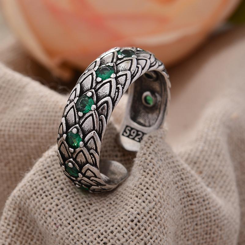 Hand Jewellery Accessories Retro Snake Scales Green Crystal Thai Silver Man Ring Birthday Gifts No Fade