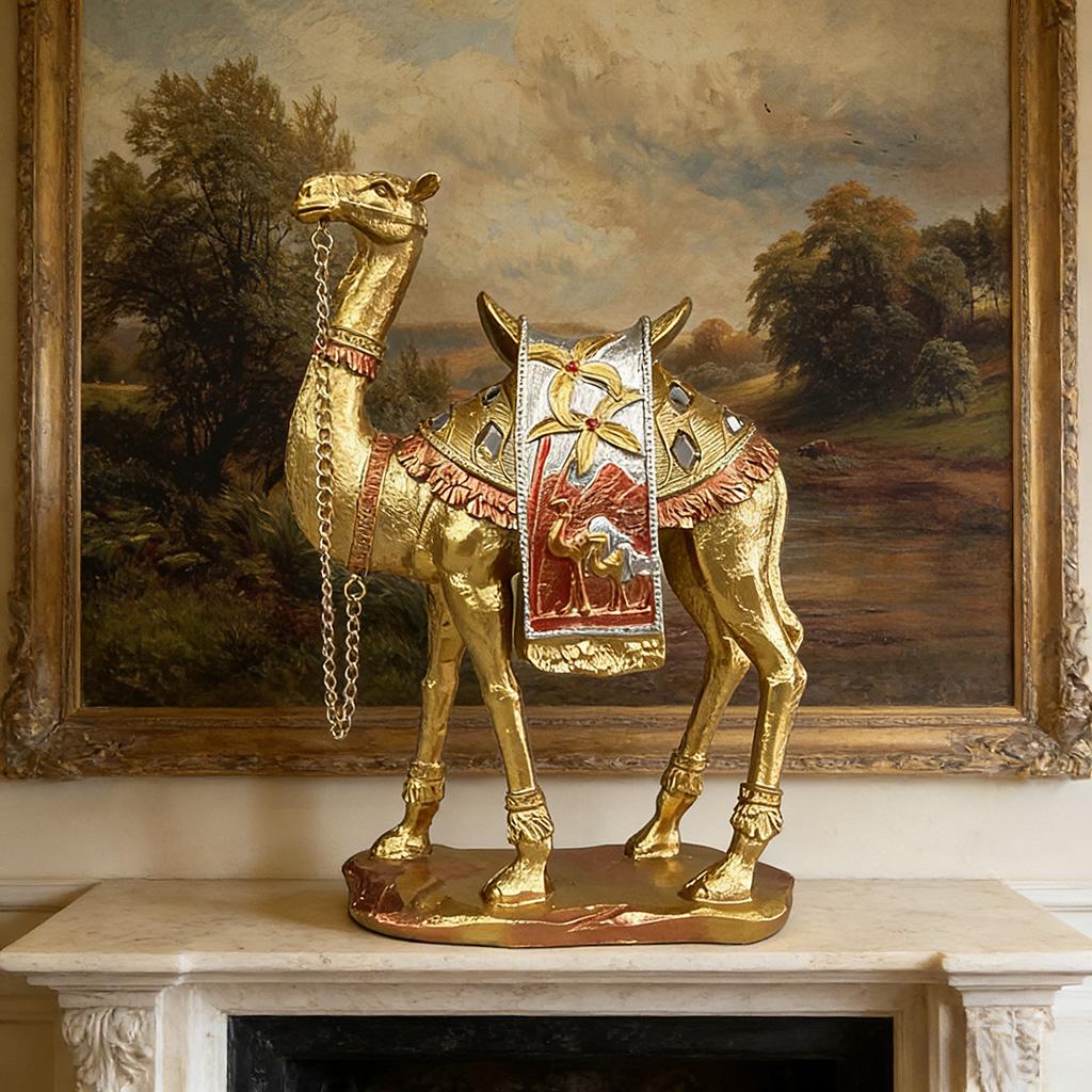 Goldene Kamelharzfigur, Exotische dekorative Kamelstatue, Luxuriöse Tierskulptur für Zuhause & Büro