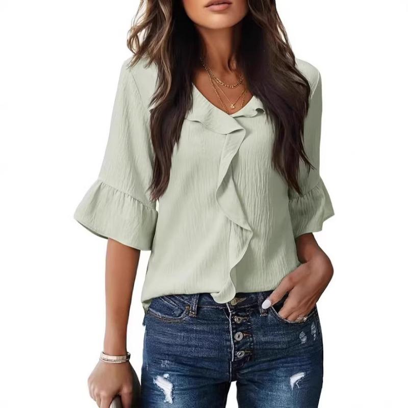 Womens V Neck Ruffle Front Blouse With Crinkle Texture Flare Half Sleeve Casual Solid Color Top