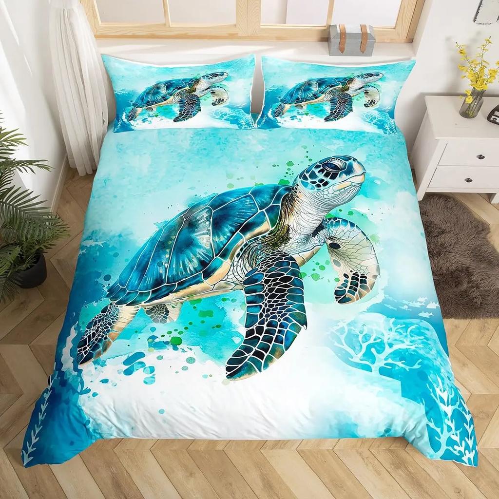 Turtle Bedding Set Nautical Coastal Duvet Cover White Blue Sea Comforter Cover Reptile Tortoise Animal Polyester Quilt Cover