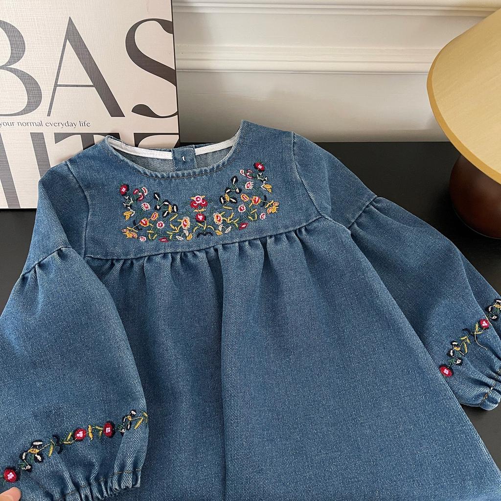 Herbst Mädchen Jeans Bestickt Langarm Kleid Mädchen Freizeitkleid