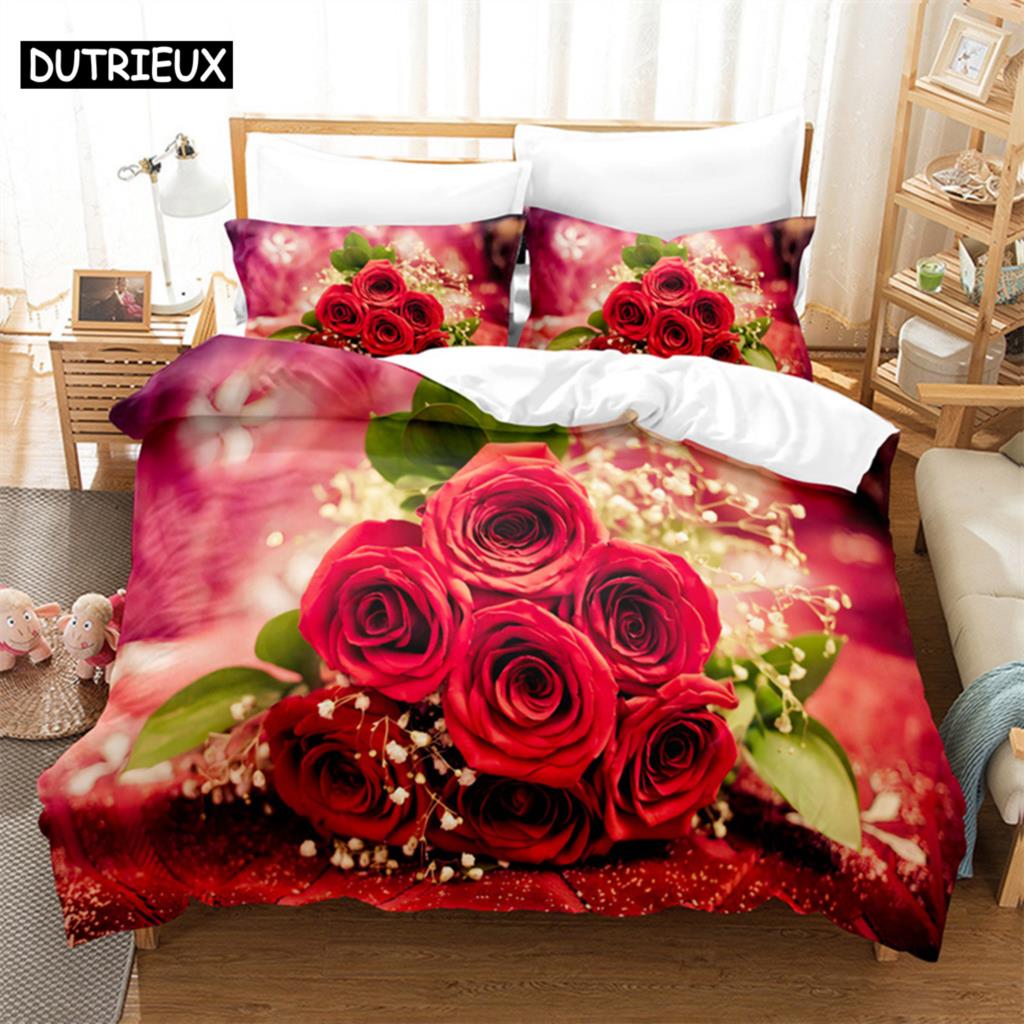Lussuoso Set Letto Matrimoniale Rosa Rossa Set Copripiumino Set Biancheria da Letto Piumone Set Biancheria da Letto Biancheria da Letto King Size Copripiumino Set Biancheria da Letto