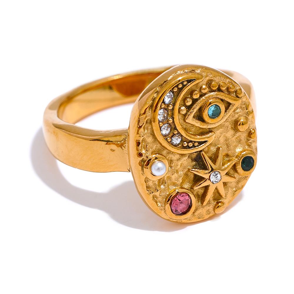 

Yhpup Stainless Steel Star Moon Eye Charms Ring Colorful CZ Zirconia 18K Gold Color High Quality Celestial Jewelry Women Gala 6