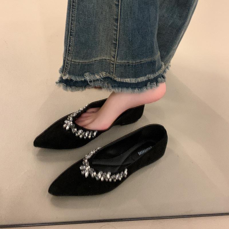 

Французские туфли Мэри Джейн с острым носком и стразами, женские, новые на весну и осень 2025 года, на плоской подошве, милые, с мягкой подошвой, вечерние туфли, обувь с украшениями 40 чёрный