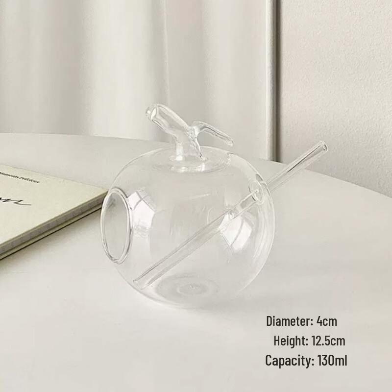 Apple Shaped Transparent Glass Cup with Straw