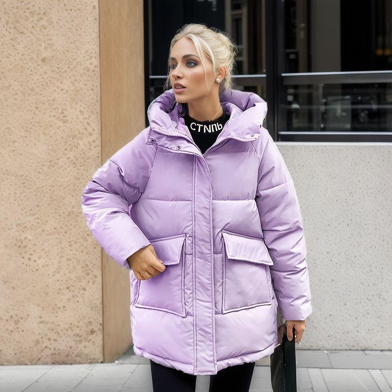 Women's Winter Jacket Winter Women 's Thicken Warm Pure Color Cotton Jacket Female 2 Pocket Casual Loose Parkas Women's Clothing