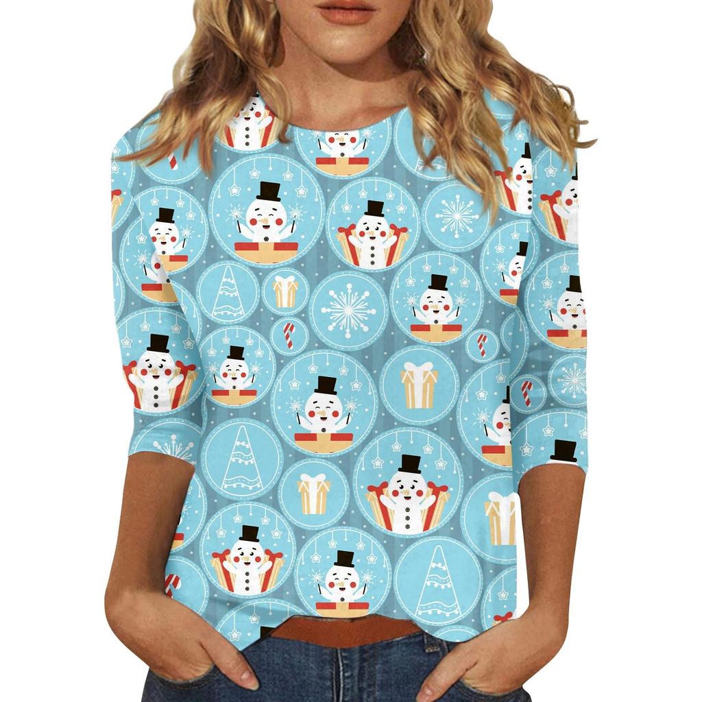 Spring and Autumn Round Neck Christmas Themed Pattern 3D Printed Top Fashionable Casual Long Sleeved Women's T-shirts