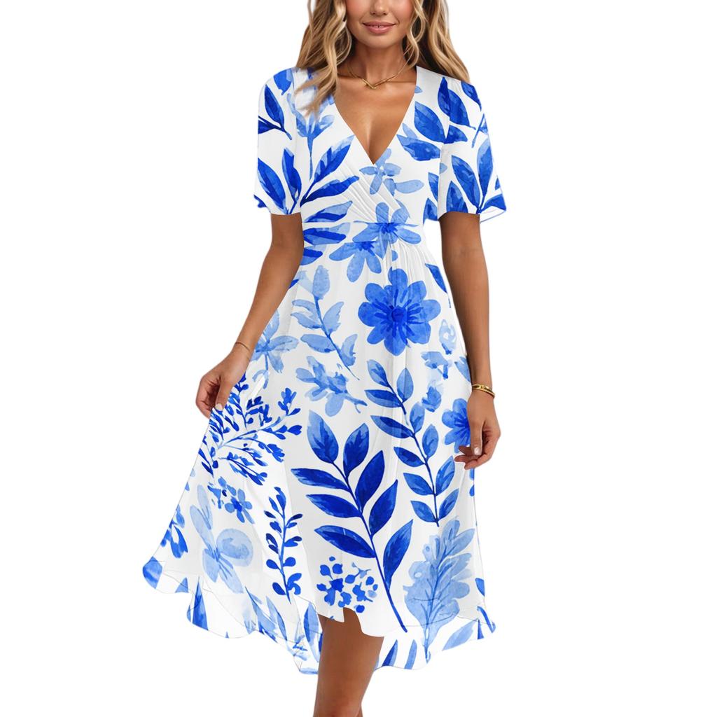 Womens Summer V Neck Short Sleeve A Line Midi Dress Floral Print Flowy Casual Vacation Sundress with Pockets S to 2XL