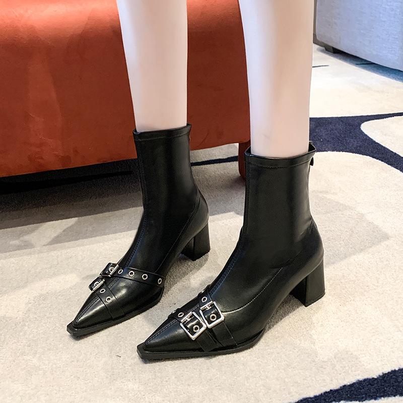 Thick heel pointed temperament thin French small short boots women's shoes 2025 new spring and autumn single boots black Martin boots