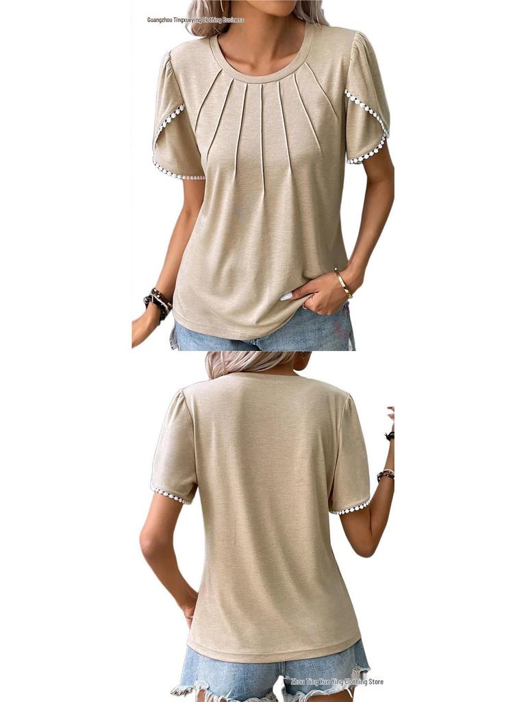 2026 Women's Summer Solid Color Pleated T-Shirt with Lace Short Sleeves