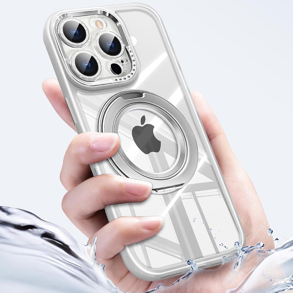 For iPhone 16 Pro Case Magnetic Rotating Kickstand PC+TPU Phone Cover with Glitter Camera Lens Film