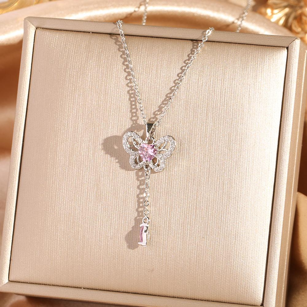 [Micro-Set Pink Zircon Titanium Steel Necklace Sweet Light Luxury Fashion Choker Jewelry]