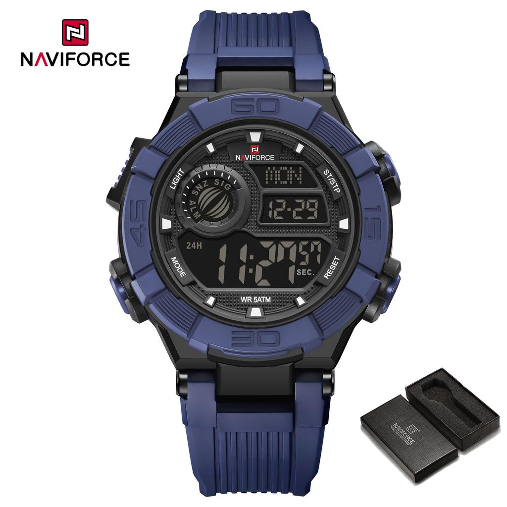 Naviforce Men LCD Watch Ditital Movement Lightweight Silicone Strap 50m Waterproof Calendar Date Alarm Night Pattern Boy Gift Watch NF7131