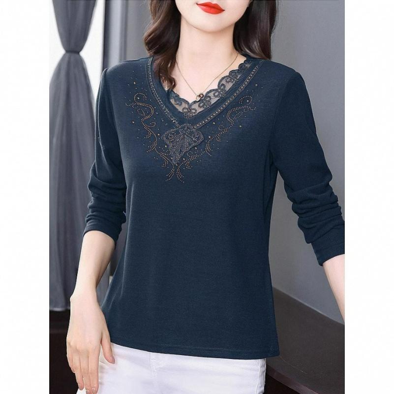 

Long-sleeved Shirt Women s Spring, Autumn and Winter Lace Mother Collar Blouse, Large Size Warm Inner German Velvet Bottoming Shirt 4XL темно-синього кольору