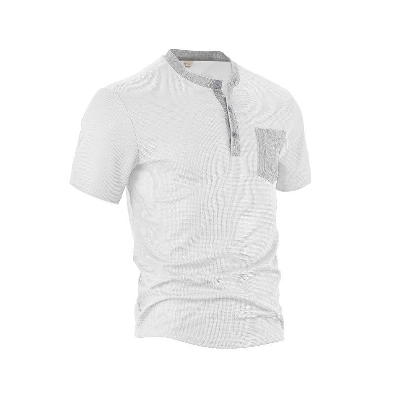 Men s Summer T-shirt: Machine-washable, patch pocket, open-front, two-tone waffle-weave henley S белый