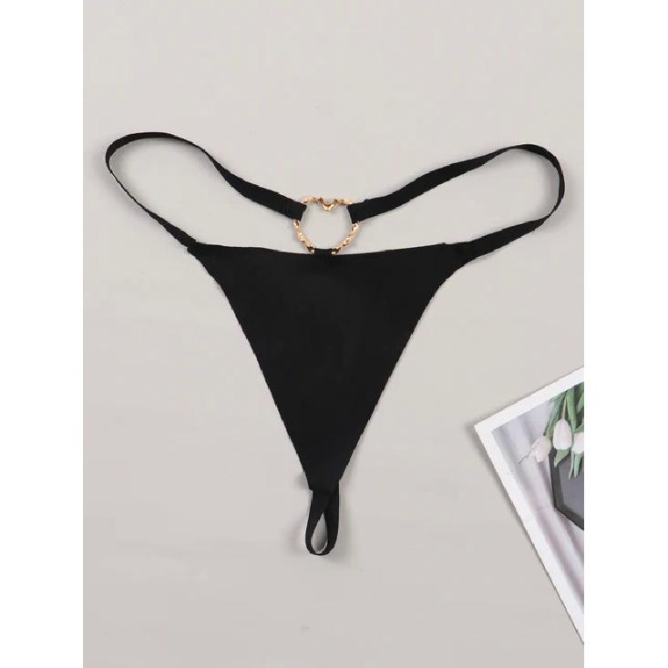 Women's Sexy Panties Thong Metal Decoration At The Back G-Strings Low Rise Brief Solid Black Underwear