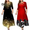 Women O Neck 3/4 Sleeve Maxi Dress Hollow Out Printing Loose Hem High Waist A Line Gown Long Dress Female Clothing