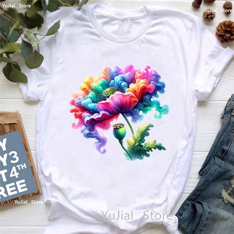 Colorful Smoke Flower Printed T Shirt T Shirt Unisexs Clothing Summer Fashion Short Sleeve Tshirt Femme Casual White Tshirt