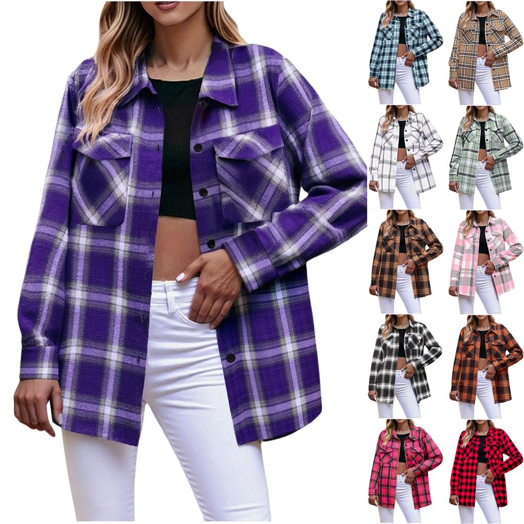 Women's Fashion Long-Sleeve Button-Down Plaid Shirt With Pockets