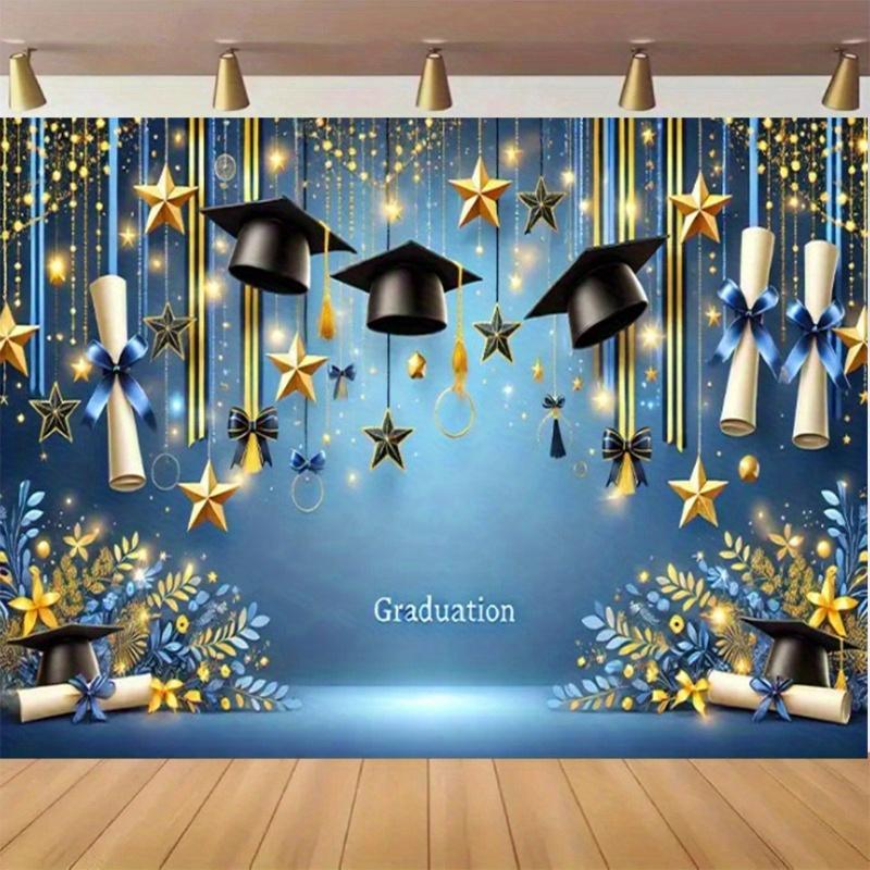 Graduation Background Banner - Golden Stars Bachelor's Hat and Flower Design with Deep Blue and Gold Accentszjm