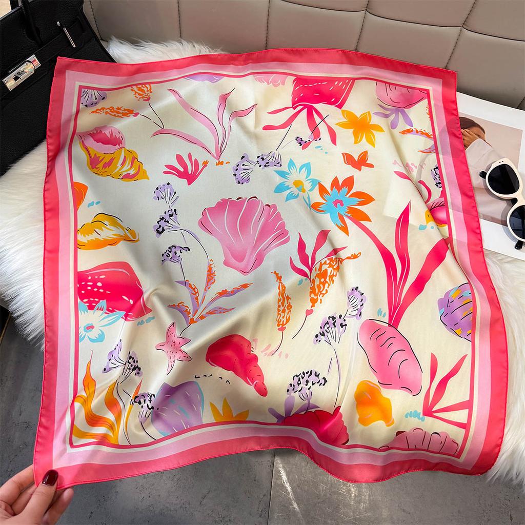 Summer new marine shell plant printed large square scarf fresh contrasting color silk scarf travel versatile decorative scarf