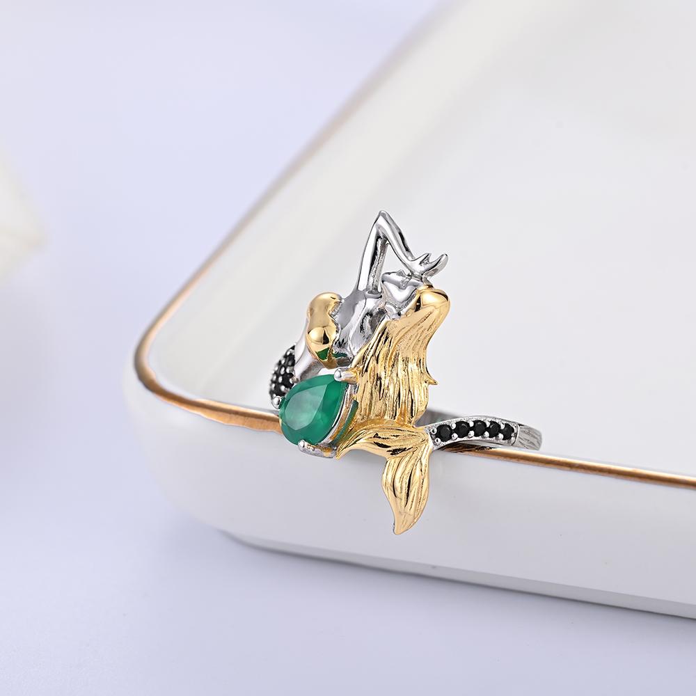 Gorgeous mermaid-shaped design paired with natural green agate gems ring Earrings Set 925 silver fine jewelry for women and girl