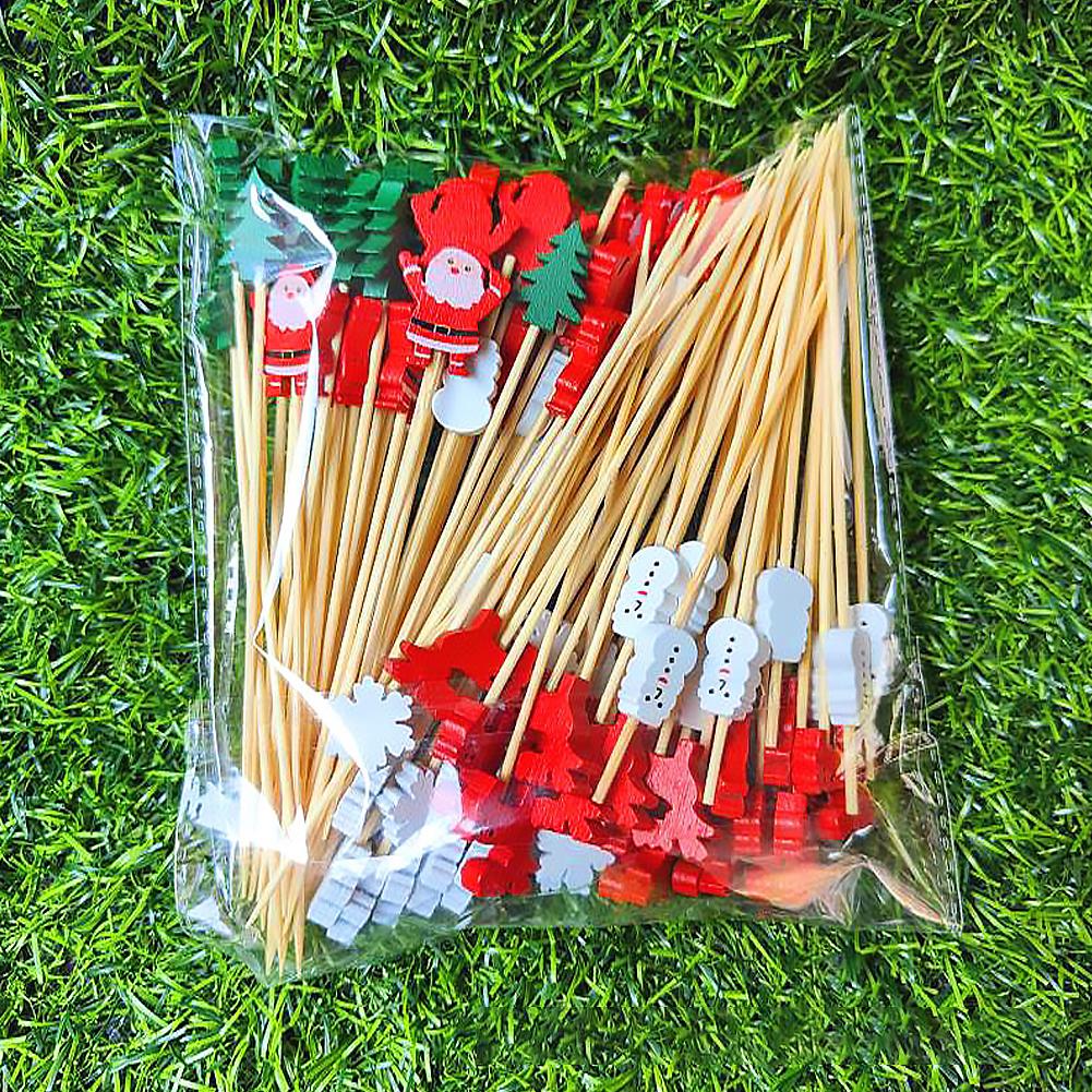 50Pcs/set Christmas Bamboo Fruit Sticks Snowflake Christmas Tree Elk Disposable Bamboo Skewers Festive Party Dessert Supplies
