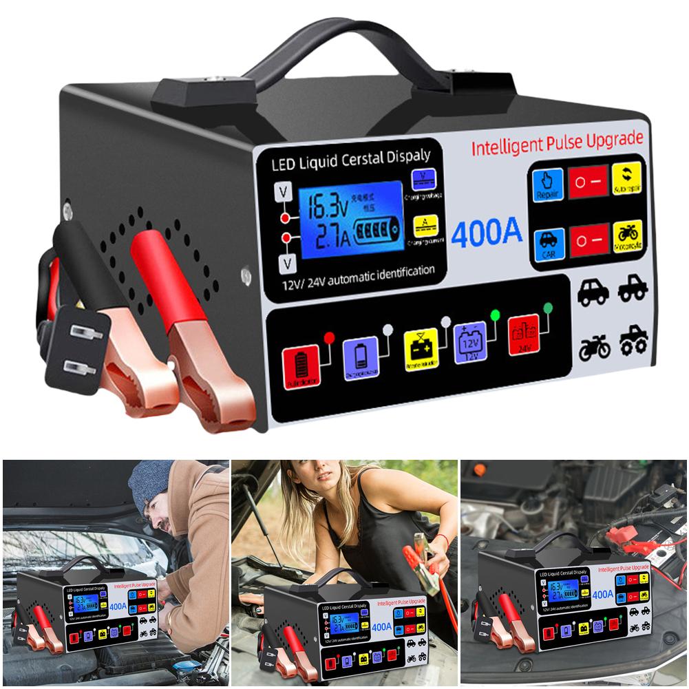 400A Intelligent Pulse Repair Charger Heavy Duty Smart Battery Charger LCD Display Five-Stage Full Automatic Car Battery Charger