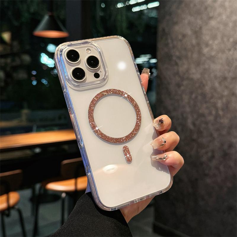 Luxury Glitter Magsafe Wireless Charge Case for iPhone 16 15 14 13 12 Pro Max Plus Magnetic Plating Clear Hard Back Cover