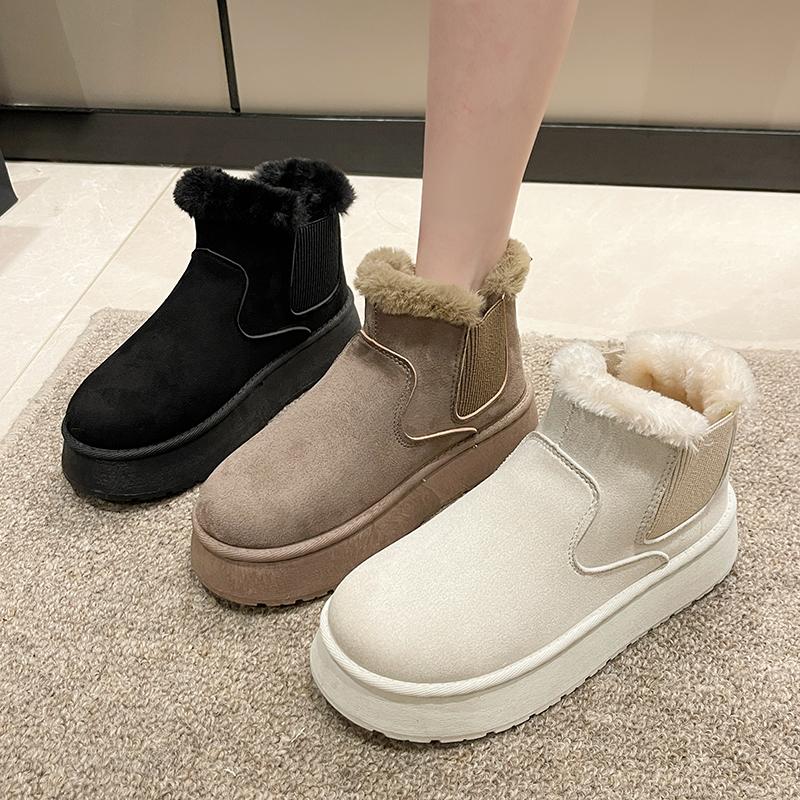 Women's Snow Boots Winter New Round Toe Cow Suede Sleeve Thick Non-Slip Wear-Resistant Flats