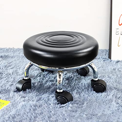 WKWKER Modern Round Stool with Wheels, PU Leather, 360° Rotating, Low Height 21.3cm, Suitable for Home, Garage, or Store (Black)