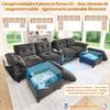 Modular 6-Seater Corner Sofa in U-/L-Shape with Two Movable Storage Stools, Center Console, Cup Holders, USB/Type-C and LED; Chenille Fabric, Grey
