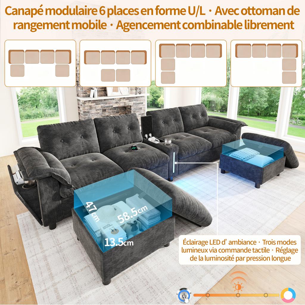 Modular 6-Seater Corner Sofa in U-/L-Shape with Two Movable Storage Stools, Center Console, Cup Holders, USB/Type-C and LED; Chenille Fabric, Grey