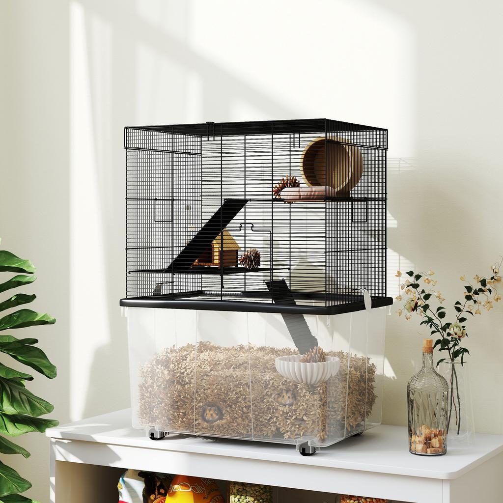 Gabbia per criceti a 3 piani con ruote, 2 piattaforme, rampe, ciotola e beverino, 58x43x74 cm, Nera