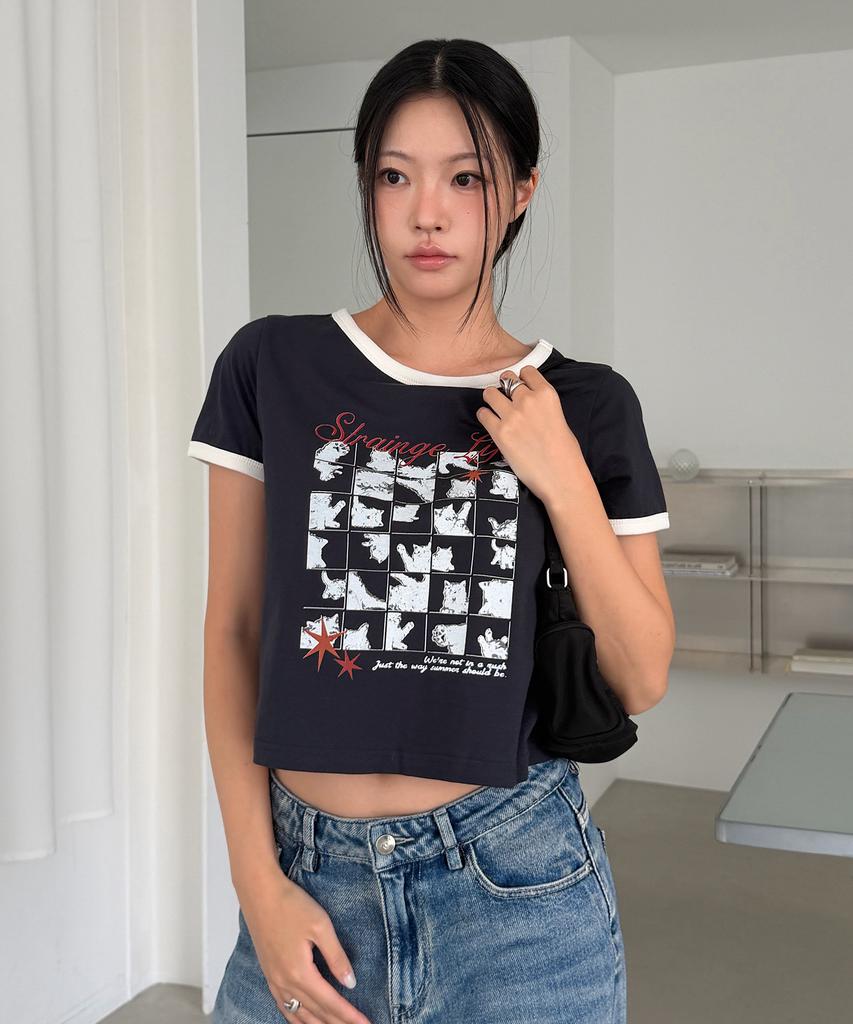 LMR Cat Foster Ringer Crop Short Sleeve T-Shirt Navy