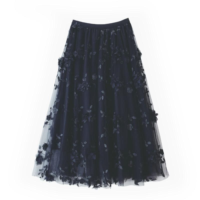 Mesh Embroidery Skirt, Gentle Temperament Medium and Long Skirt, Three-dimensional Flower Heavy Industry Gauze Skirt, Small Fresh Fairy Skirt